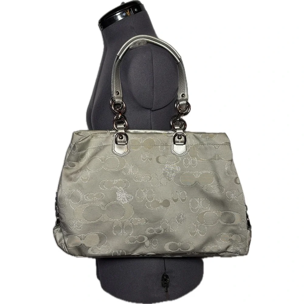 Y2K Coach Ashley Signature Carryall Butterfly‎ Garden Bag Silver Gray F19976